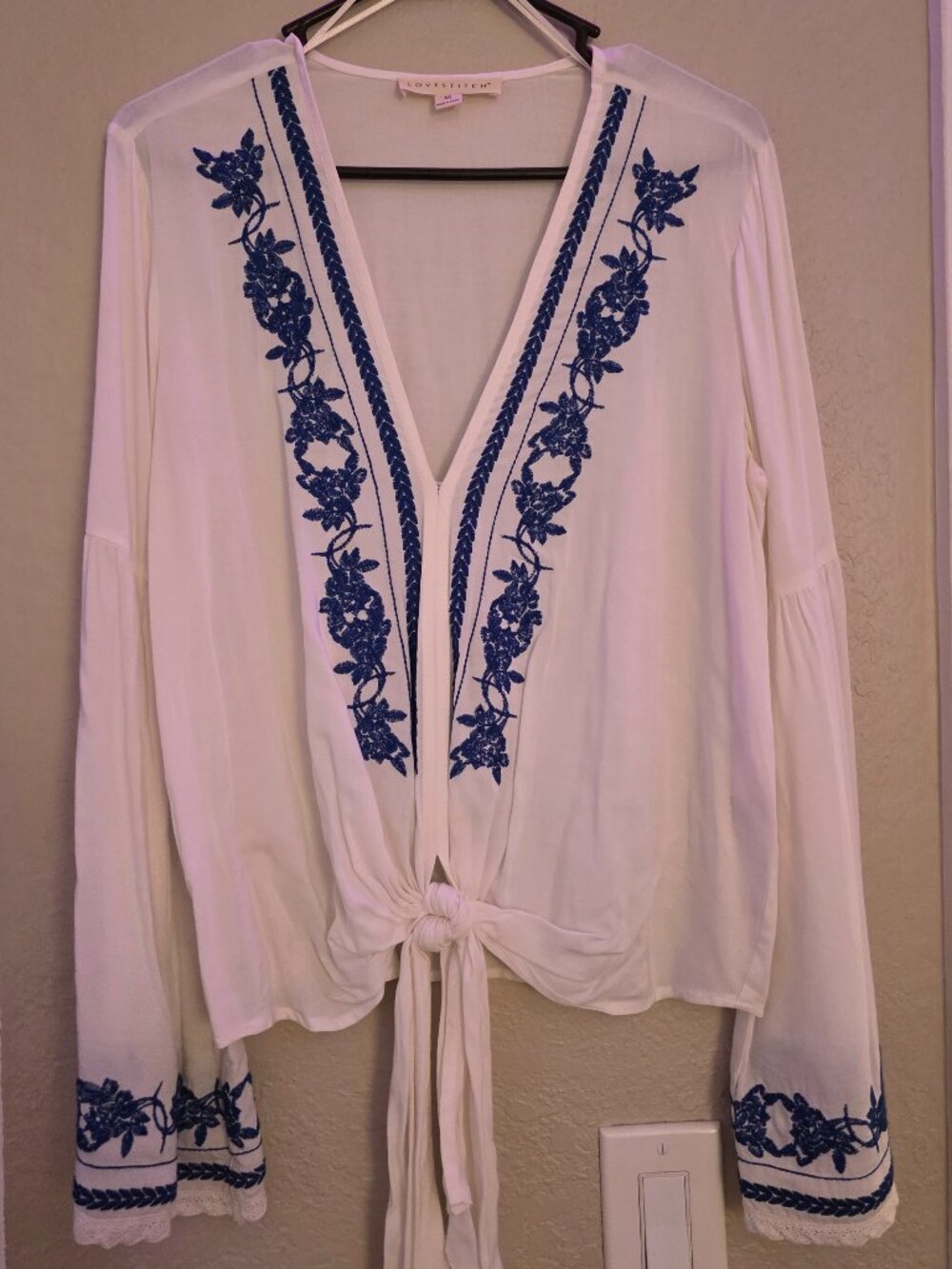 Lovestitch Boho Embroidered Trim Front Tie Beach Cover-Up Top